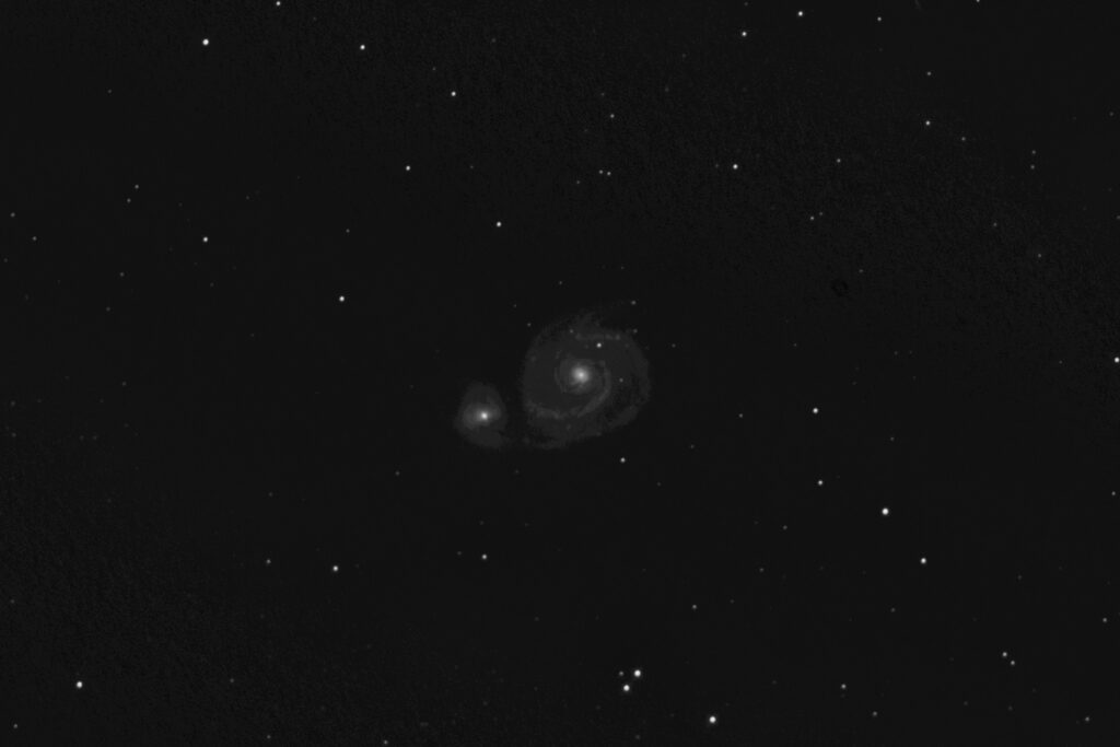 Whirlpool Galaxy, M51, stacked and roughly processed image from exposures taken on 2-20-21.